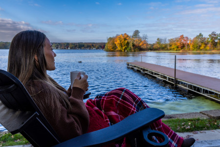 Jess at Edinboro Lkae Resort with coffee by Paul Gibbens